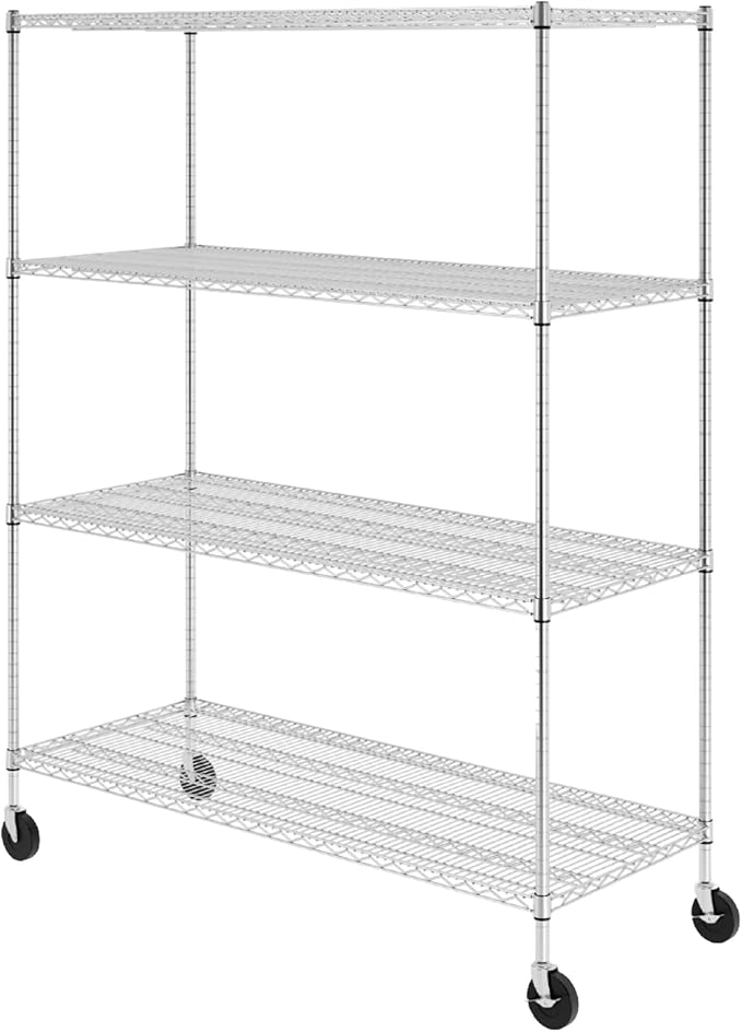 SafeRacks WS-602472-ZW4 NSF Certified 4-Tier Heavy Duty Wire Rack Storage Shelves with Wheels & Adjustable Feet, 24"x60"x72", Silver
