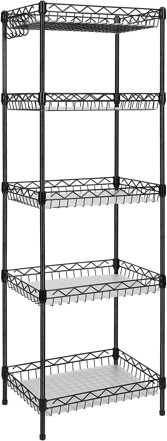 Storage Shelves, 5-Tier Wire Shelving Unit with Baskets Storage Rack Corner Shelf Shelving Adjustable Storage Shelf, 11.8" D x 15.7" W x 63" H, Black