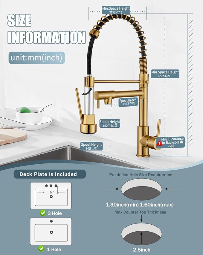 Kitchen Faucets with Pull Down Sprayer, Brushed Gold Faucet for Kitchen Sink with Dual Function Spray Head, Commercial Spring Single Hole Kitchen Sink Faucet with Dual Function Spray Head