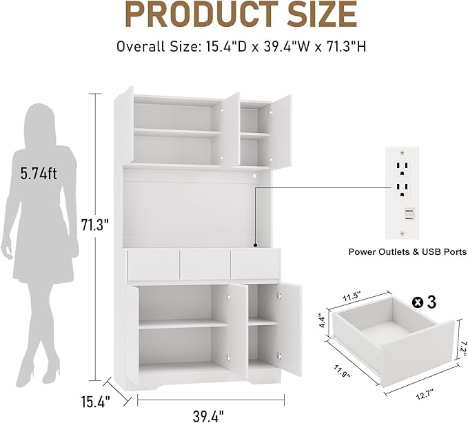 71" Pantry Cabinet with Charging Station and LED Lights, Tall Kitchen Pantry Storage Cabinet with Microwave Stand, Modern Hutch with Storage Drawers for Dining Room, Living Room, White