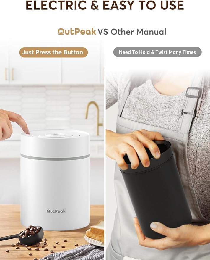 OUTPEAK Latest Kilo Auto Vacuum Coffee Canister, 1.8L for 21.2oz Coffee Beans, One-Button Operation, Stainless Steel Container with Scoop, Fresh 6-Month Storage Container (Barista Champion's Choice)