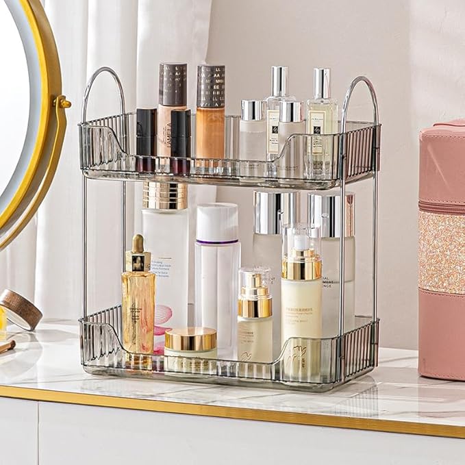 Grey 2-Tier Vanity Tray Organizer for Bathroom Counter, Skincare & Makeup