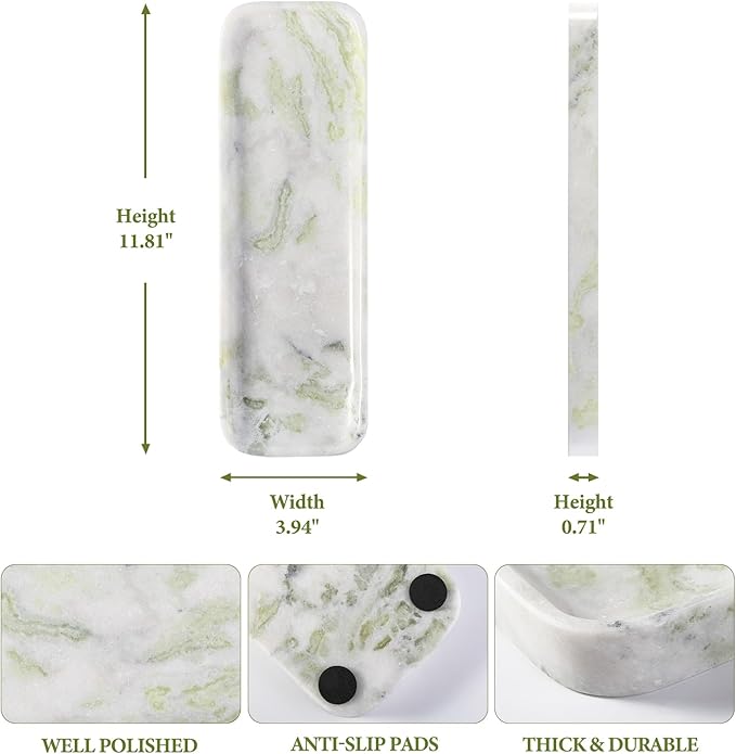 Koville Marble Tray, 12"x4" Marble Vanity Tray for Bathroom Kitchen Countertop Sink, Natural Stone Tray for Home Decor, Decorative Rectangular Narrow Catchall Tray for Jewelry Perfume