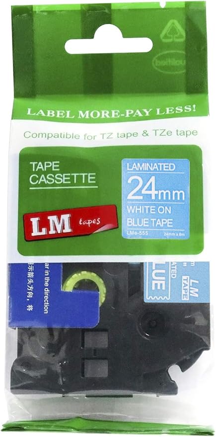 1/Pack LM Tapes - LMe555 Premium 1" White Print on Blue Label Compatible with Brother TZe-555 P-Touch and Includes Tape Color/Size Guide. Replaces TZ-555 24mm 0.94 Laminated Ptouch.