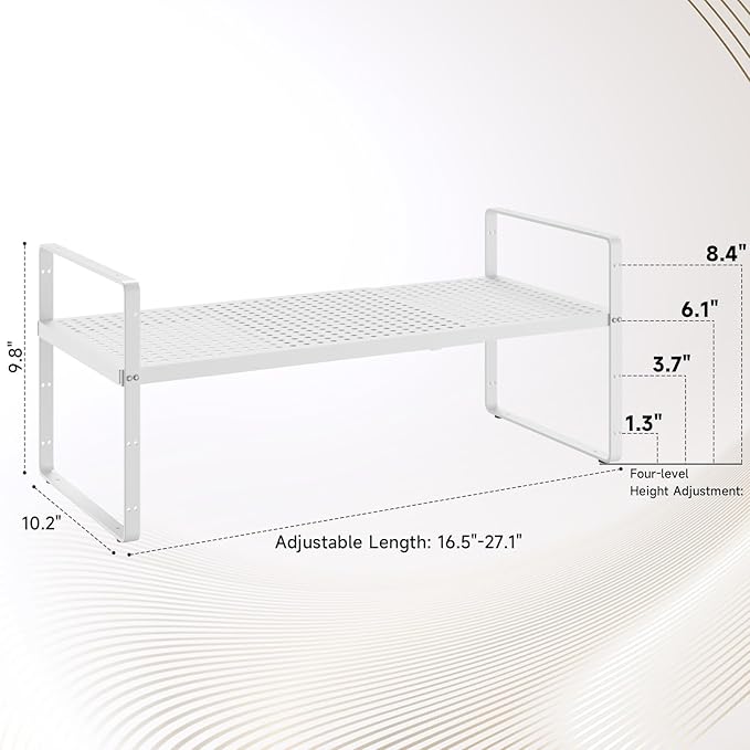 taiheis Hole Pattern Expandable Shelf Organizer,1Pack 10.2" Wide Easy to Assemble Cabinet Organizer Shelf, 16.5~27.1" Adjustable Height&Stackable Spice Organization for Cupboard, White