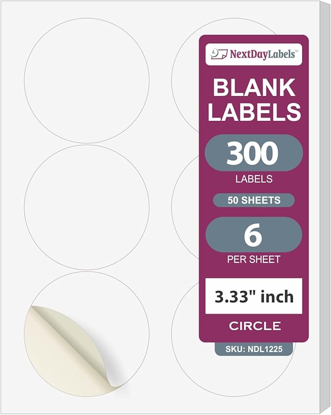 NextDayLabels 3.33 Inch Round Circle Stickers White Blank Labels for Laser Inkjet Printer - 6 Per Sheet Self-Adhesive Product Packaging Logo Made in USA - 300 Labels
