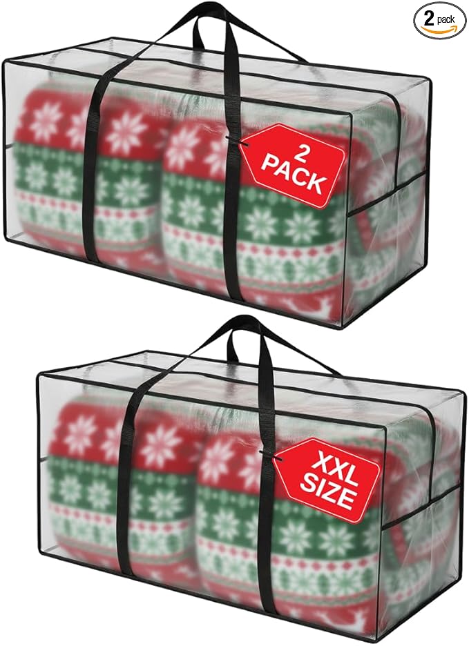 68.5 GAL 2 Pack XXL Jumbo Extra Large Heavy Duty Stronger Handles Storage Bags Moving Totes Zippered Reusable Wrap Around Handle Storage Totes (Clear/Transparent)