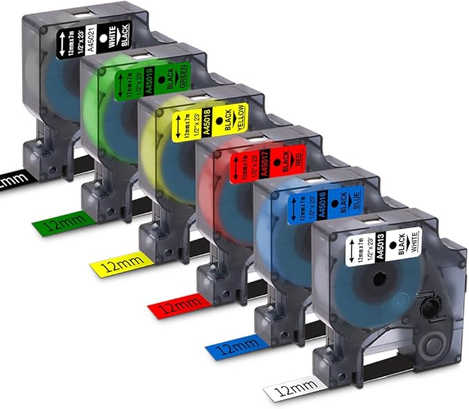6-Pack Replacement for Dymo D1 Label Tapes Color Combo Set 45013 45016 45017 45018 45019 45021 D1 Refills,1/2 Inch (12mm) x 23 Ft(7m),for LabelManager PnP 160 210D 260P 280 360D 420P Label Maker