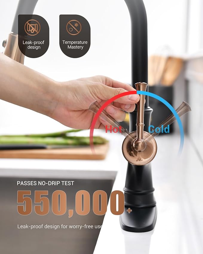APPASO Matte Black and Rose Gold Pull Down Kitchen Faucet with Easy-Retract Sprayer - Single Handle High Arc One Hole, CUPC-Certified Pull-Out Hose, Water Supplies and Valve Core