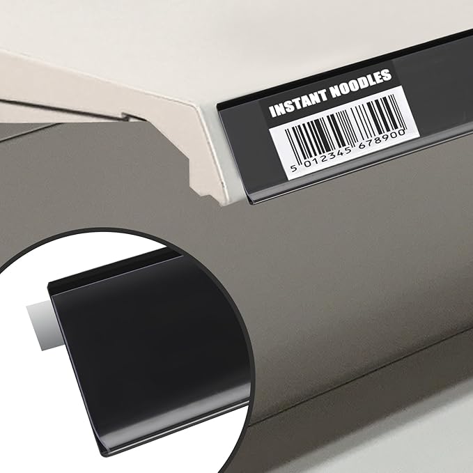 Pro Painter 100 Pack Self-Adhesive Label Strips, 1.25"H Price Tag Holder for Plastic, Metal and Wood Gondola Shelf, Clear Front/Black Back Sign Holder for 48" Long