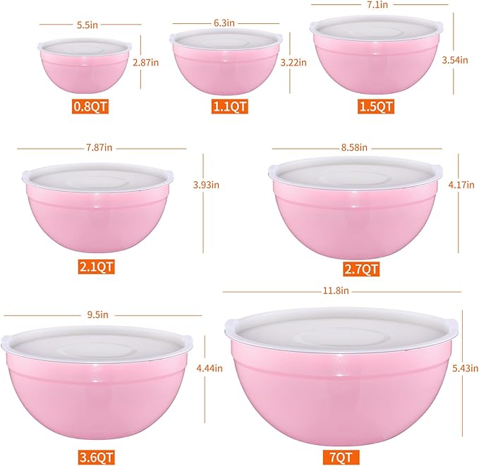 Onlycooker Pink Mixing Bowls With Airtight Lids,Stainless Steel Bowl,Salad Bowls 7 Piece Colorful Nesting Bowl Pink Kitchen Accessories,Size 7,3.6,2.7,2.1,1.5,1.1,0.8QT Stackable Design