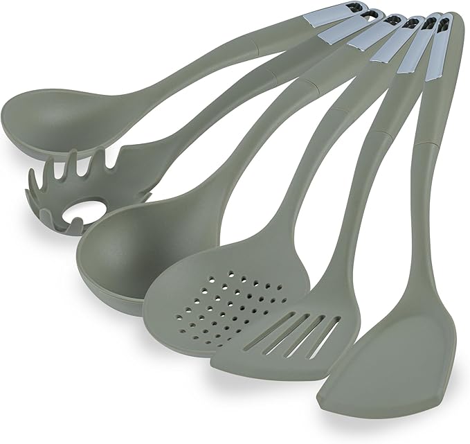 Restaurantware Silicone Utensil Set Pack of 1 Non-Slip Handle 6-Piece Kitchen Tool Set, Heat-Resistant Dishwasher-Friendly Cooking Accessories, Durable Green Cooking Utensils