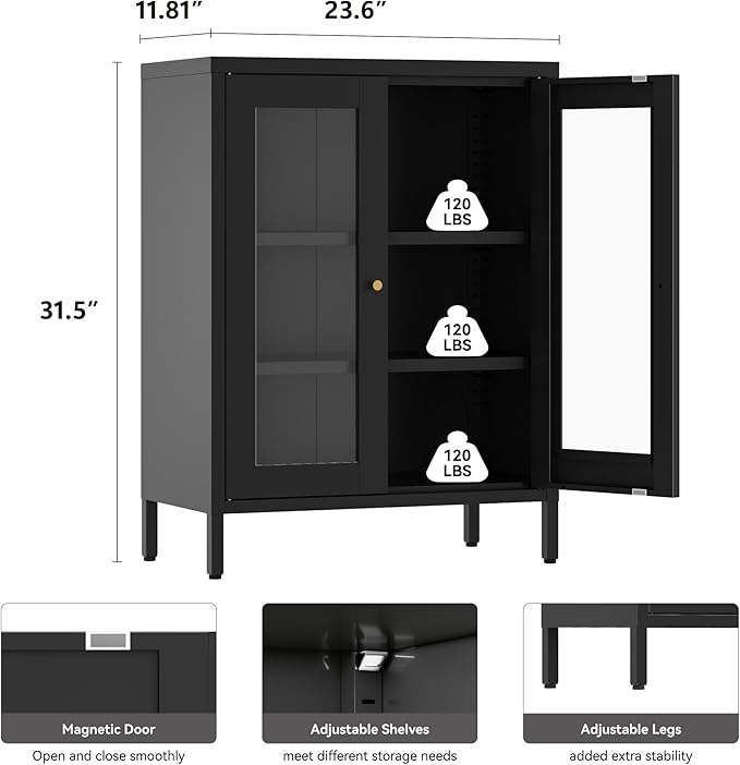YAUWOH Metal Bathroom Cabinet with Glass Doors,Bathroom Floor Storage Cabinet with 2 Adjustable Shelves & 2 Doors, Sideboard for Small Spaces, Living Room, Dining Room, Home Office