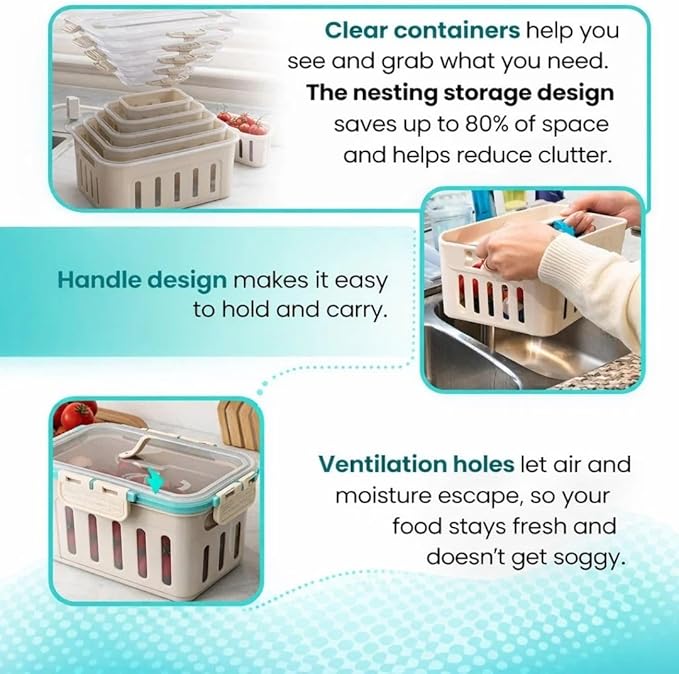 Fruit Containers for Fridge Keep Fresh, 5-Pack Produce Containers for Fridge with Lids, Meal Prep Containers, Food Organizer with Removable Colander, Microwave & Dishwasher Safe (White)