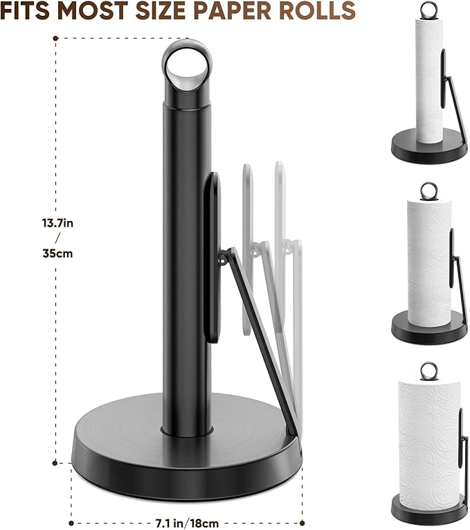 theaoo Heavy-Duty Stainless Steel Paper Towel Holder with Tension Arm – Easy One-Handed Tear, Modern Standing Countertop Dispenser for Kitchen, Holds All Paper Towel Rolls (1, Black)