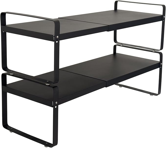 BAUCCA Set of 2 Black Kitchen Countertop Shelves, Expandable Cabinet Shelf Organizers, Stackable Metal Pantry Storage Shelves for Spice Rack, Cupboard