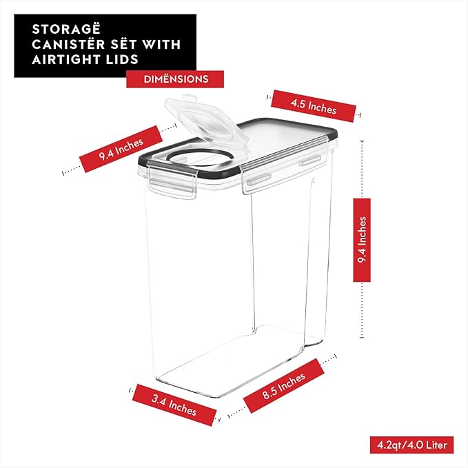 DWËLLZA KITCHEN Cereal Containers Storage 4 Pack 135 fl. oz Cereal Dispenser Airtight Food Storage Containers Pantry Organization and Storage, Canister for Rice Flour & Sugar 1 Marker 8 Labels