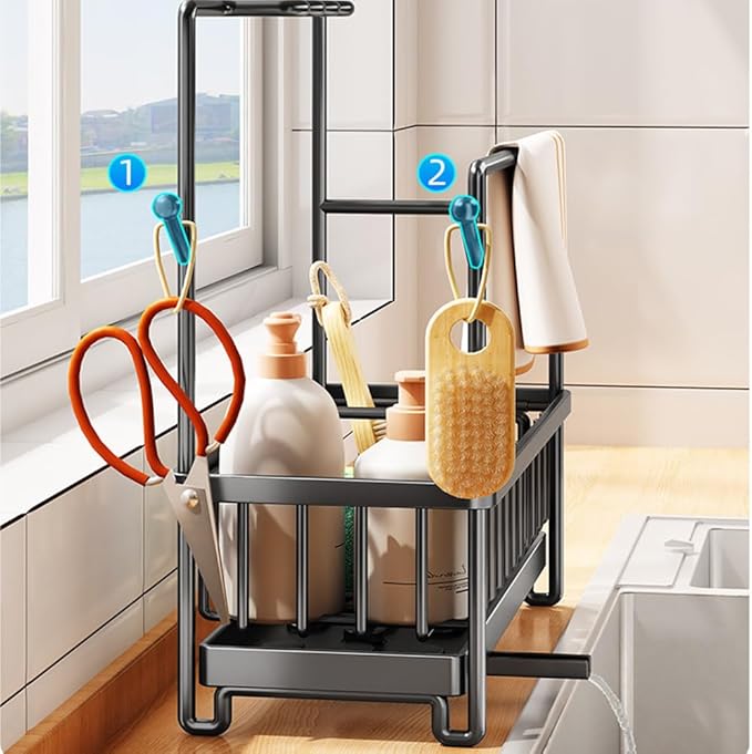 Sink Caddy with Drain Pan, Sponge and Dishcloth Holder, Rustproof Stainless Steel Organizer, Removable Brush Holder, Auto Drain Tray