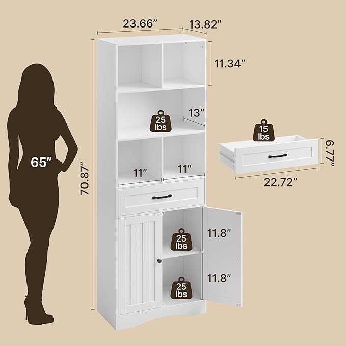 Gizoon Storage Cabinet, 71'' H Bathroom Storage Cabinet with Doors & Drawers, Kitchen Pantry with Adjustable Shelves, Anti-tip, Metal Handle, for Living Room, Office, Bathroom, White