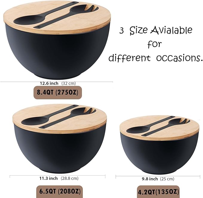 ECOHAGOU 10" Large Salad Serving Bowl with Utensils in Lid, Bamboo Fiber Salad Bowl with Lid, Mixing Bowl with Servers set for Pasta,Fruit,Veggies,Popcorn to Replace Wooden Bowls - Matte Black