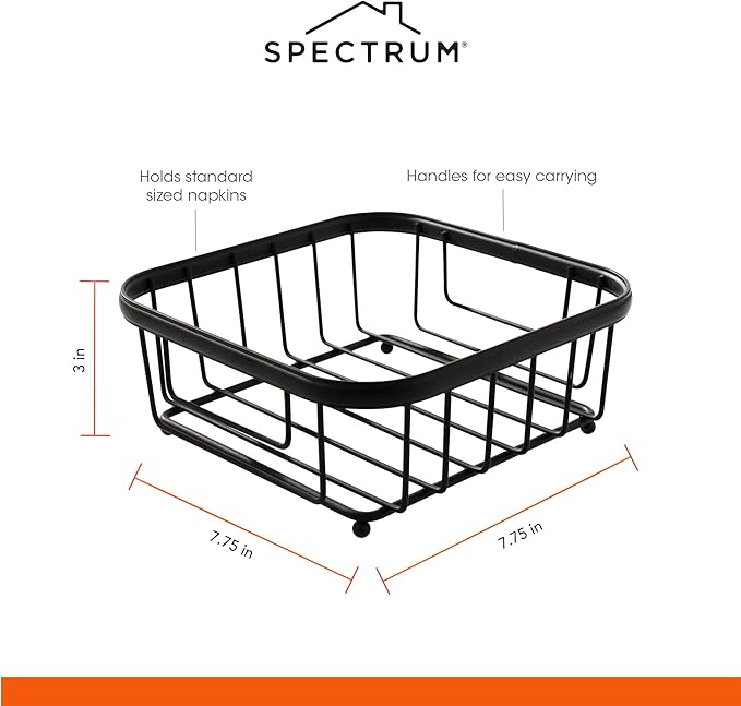 Spectrum Ashley Flat Napkin Holder Basket for Kitchen Counter & Dining Table Decor, Modern Heavy Duty Easy Access Napkin Dispenser for Cocktail Napkins, Black
