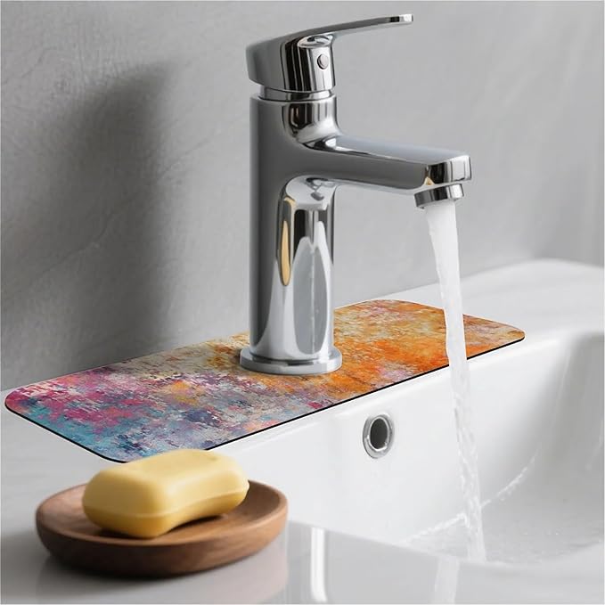 Kitchen Sink Splash Guard，Orange and pink graffiti Faucet Mat Sink Gadgets-Super Absorbent Fast Drying Mat Drip Catcher for Kitchen, Bathroom,Sink Mat, Dish Drying Mat, Bathroom(15" X 5.5" )
