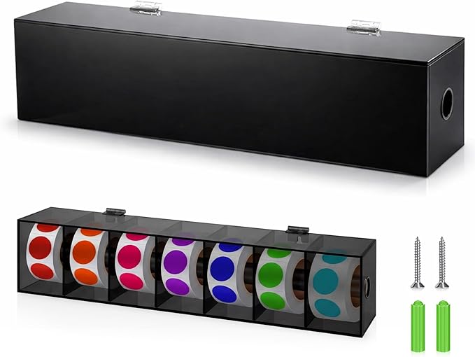 Day of The Week Sticker Dispenser 2.17" Square Acrylic Sticker Roll Holder Covered Label Dispenser Wall Mount 7 Slot Holder for Office Desktop Stickes, Black, Single Layer(No Label)