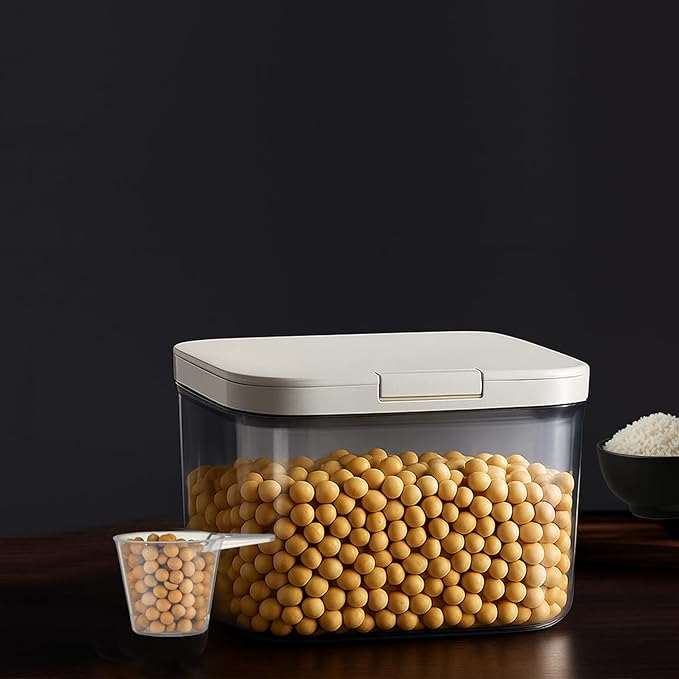 LivLab Mker Rice Dispenser 5Lbs - Flour Brown Sugar Container With One-Press Lid | Bpa-Free Clear Pet Airtight Food Container With Scoop| Stackable Cereal Storage Keeper 8x6.5x5.5in 2.8L/2.9Qt
