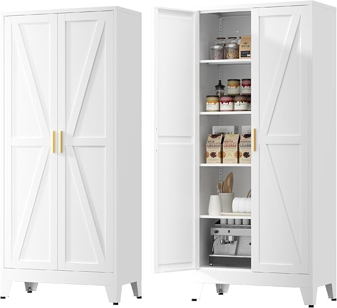 YNIQUESTLE Farmhouse Pantry Cabinet,71" H x 31.5" W,Metal Cabinet with Adjustable Shelves and Barn Doors,5-Tier Storage Cabinet for Kitchen Dining Room Garage,White