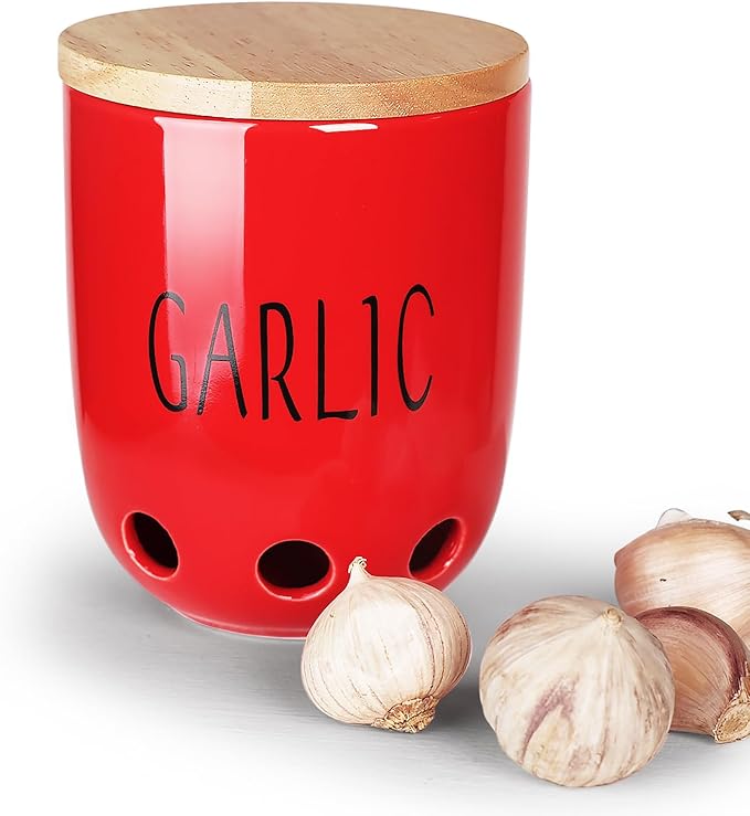 HAOTOP Ceramic Garlic Keeper for Counter, Garlic Saver Container with Wood Lid, Garlic Keeper for Kitchen, Garlic Holder to Keep Your Garlic Cloves Fresh Longer (Red)