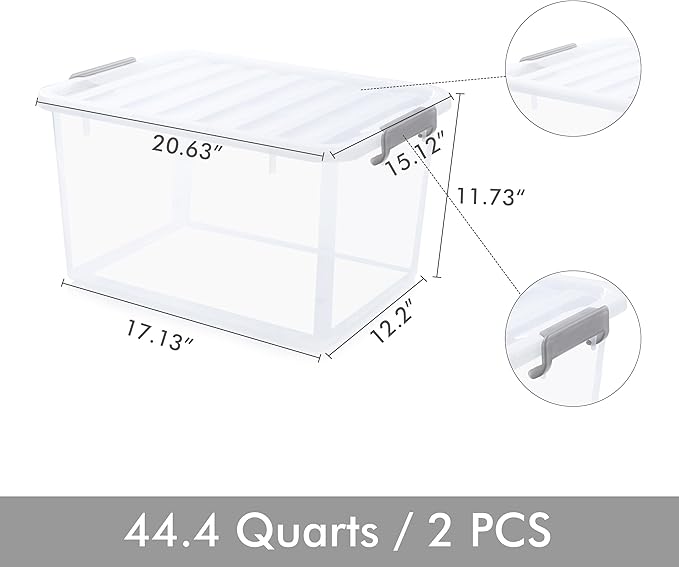 Citylife 44.4 QT Plastic Storage Bins with Latching Lids Stackable Storage Containers for Organizing Large Clear Storage Box for Garage, Closet, Classroom, Kitchen, 2 Packs