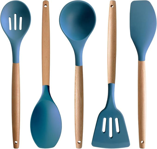 IOCBYHZ Silicone Kitchen Cooking Utensils Set 5Pcs Non-Stick Silicone Kitchen Utensils Set Spatula Spoon Turner Ladle with Wooden Handle, Heat Resistant Cooking Gadgets for Nonstick Cookware BPA-FREE