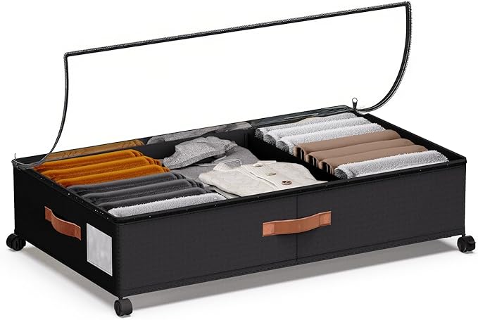 Under Bed Storage with Wheels - Rolling Underbed Containers with PVC Clear Lid & Dividers, 600D Oxford Fabric, PU Leather Handles, Adjustable Magic Tape Partition, XXL 66L, 1P (Black)