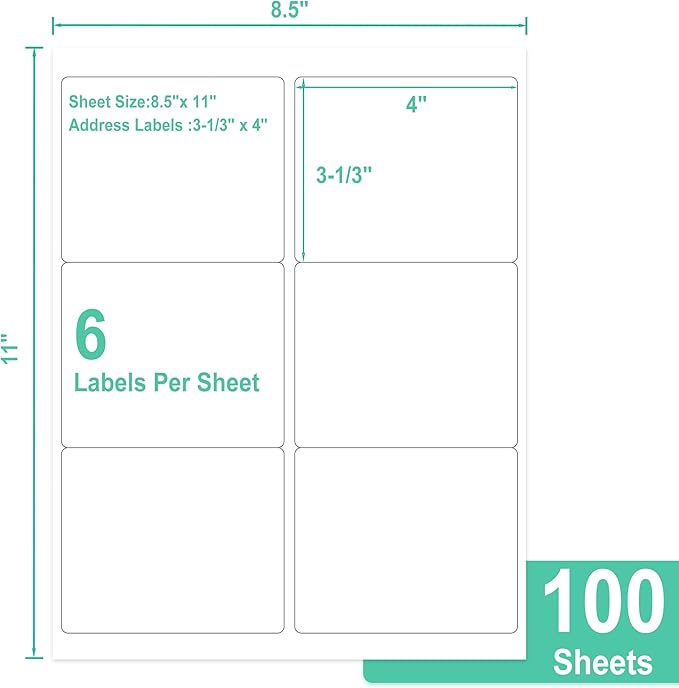 L LIKED 3-1/3" x 4" 600 Labels, Printable White Sticker Labels, Laser/Inkjet Printing - Matte, 100 Sheets
