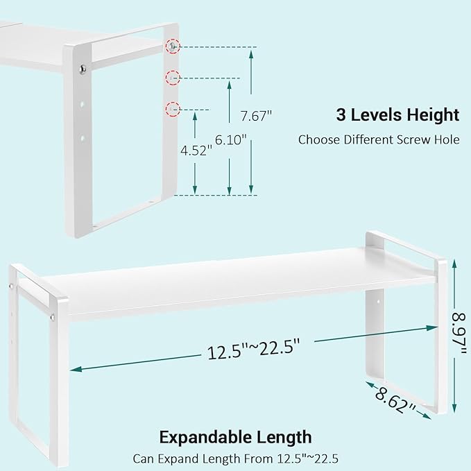 Astrorhine Expandable Cabinet Organizer Shelves, 88lbs High Weight Capacity, Heavy-Duty Metal Storage Rack, Adjustable Cabinet Shelf for Kitchen, Pantry, Cupboard, Under Sink, White, Patent Pending