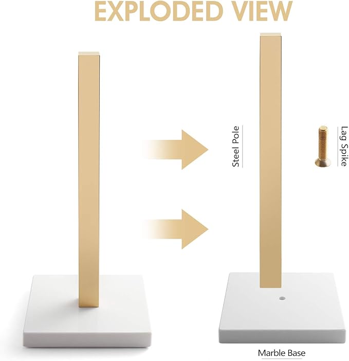 LUTAVOY Paper Towel Holder Kitchen Standing Paper Towel Roll Holder with Marble Base for Bathroom Kitchen Countertop(Gold,White Base KZ20)