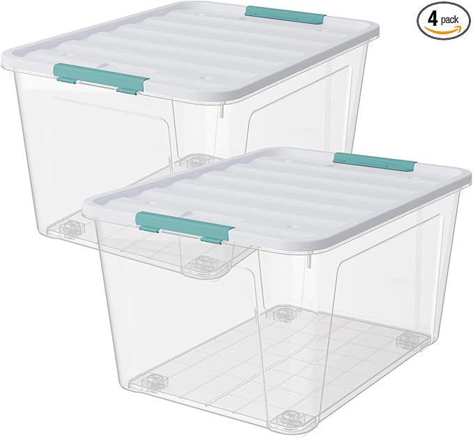 Xyskin 2 Pack Large Latching Box with Wheels, Storage Bins with Lids, Clear Plastic, 85 Quart Heavy-Duty Organizing Containers for Closet, Bathroom, and Office