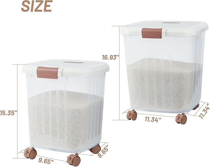 30 LB+50 LB Airtight Flour Rice Storage Container, Airtight Cereal Grain Dry Food Storage Container Bin with Wheel, For Rice | Grain | Pet Food | Flour, 2 count(Clear)