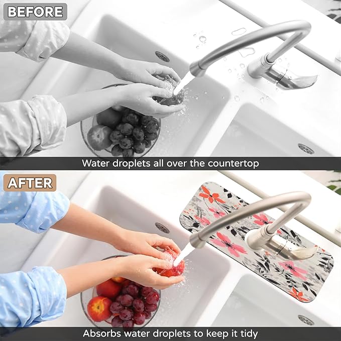 Gray Background Floral Kitchen Faucet Mat Splash Guard, 15.4”x5.7” Absorbent Quick Drying Sink Mat for Countertop Protection, Draining Mat Sink Protectors For Kitchen Bathroom, 1 Pack