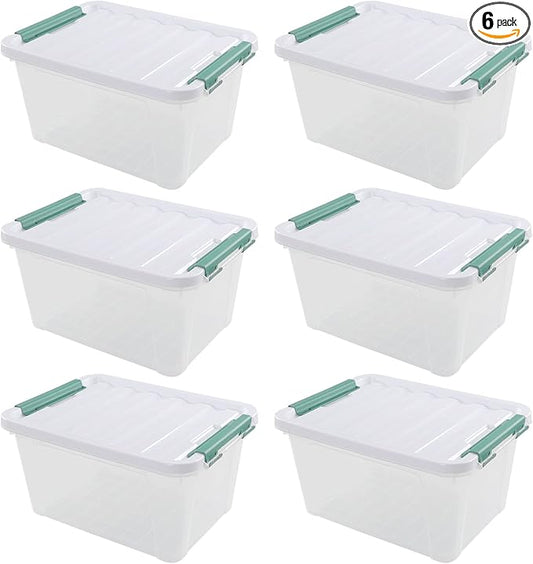 6 Pack Plastic Latch Storage Box, 20 Qt Storage Container with Lid
