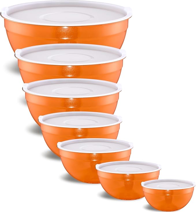 Onlycooker Orange Mixing Bowls With Airtight Lids,Stainless Steel Bowl,Salad Bowls 7 Piece Colorful Nesting Bowl Orange Kitchen Accessories,Size 7,3.6,2.7,2.1,1.5,1.1,0.8QT Stackable Design