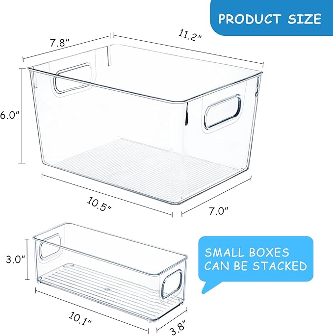 Joymeezo Clear Plastic Storage Bins-8 Pcs Pantry Organizers and Storage Containers with 4 Large (11"x8"x6") and 4 Small Snack Containers, Home Organization for Bathroom, Kitchen, Closet and Office