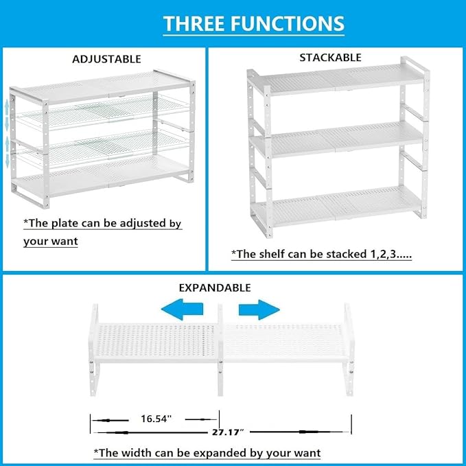 Wobmmi Expandable,Adjustable & Stackable Spice Rack, Cabinet Kitchen Countertop Shelf Organizer,Metal Pantry Storage Shelves - Space-Saving Storage Solution(1Pack/White/Large)