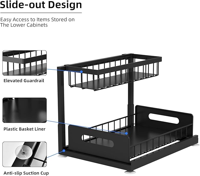 Lxmons 2-Tier Under Sink Slide Out Organizer, Pull Out Cabinet Storage Shelf with Sliding Wire Basket Drawer for Bathroom Kitchen, Countertop or Pantry Shelf, Black