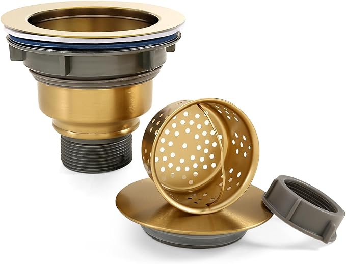 3 1/2" Kitchen Sink Drain Kit Replacement Sink Drain Assembly Removable 304 Stainless Steel Deepen Sink Strainer Basket with Sealing Cover for Kitchen Laundry Room RV(Gold)