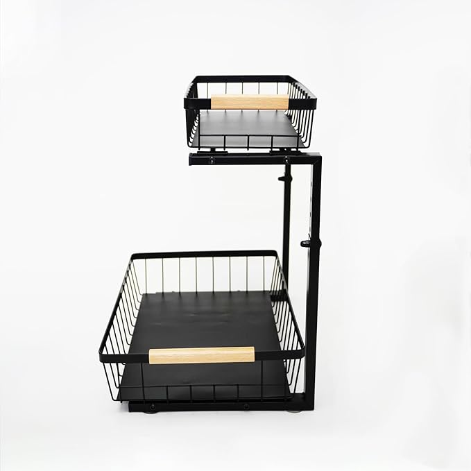 whalenoble Under Sink Organizer, 2 Tier Pull Out Cabinet Organizers and Storage for Kitchen Bathroom Pantry Laundry, Adjustable Height, Slide Out Thickened Metal Storage Shelf (Black, 1 Pack)