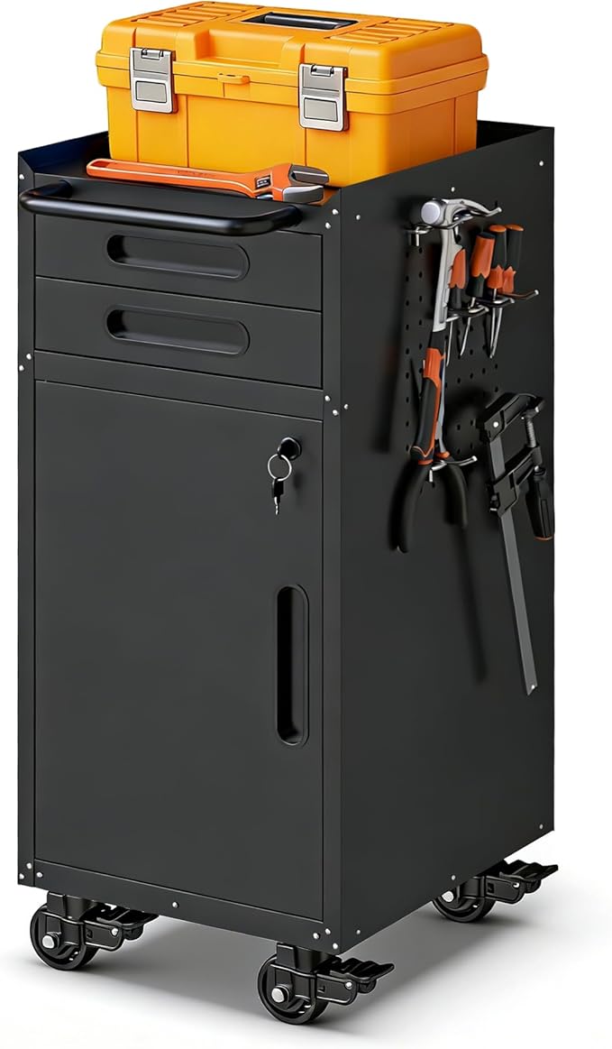 Small Garage Storage Cabinet with Wheels, Metal Rolling Tool Cabinet with 2 Drawers and 1 Door, Heavy Duty Tool Cabinet with Workbench, Assembly Required, Black