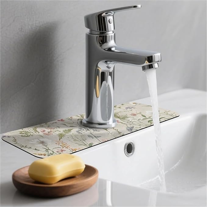 Kitchen Sink Splash Guard，wildflowers and foliage Faucet Mat Sink Gadgets-Super Absorbent Fast Drying Mat Drip Catcher for Kitchen, Bathroom,Sink Mat, Dish Drying Mat, Bathroom(15" X 5.5" )