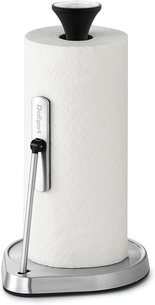 Dailyart Paper Towel Holder Stand for One Hand Tear with Tension Arm, Heavy Duty Paper Towel Holder Countertop with 2.65lb Weighted Base, Kitchen Paper Towel Holders Counter Fit Most Size Paper Roll