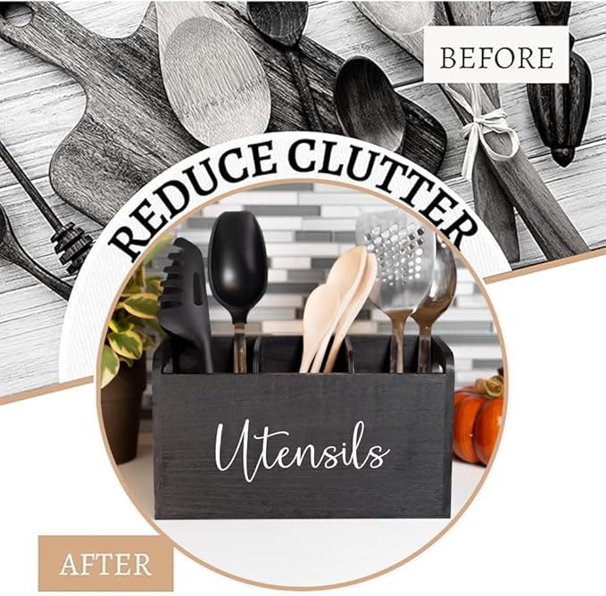 Black Kitchen Utensil Holder for Countertop – Large 3-Compartment Wooden Organizer & Caddy with Drain Holes, Farmhouse Kitchen Counter Utensil Holder, Rustic Wood Storage for Spoons, Spatulas & Tools